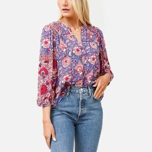 ba&sh Vlad Shirt in Blue Red Floral Multi Boho Button Front Blouse
